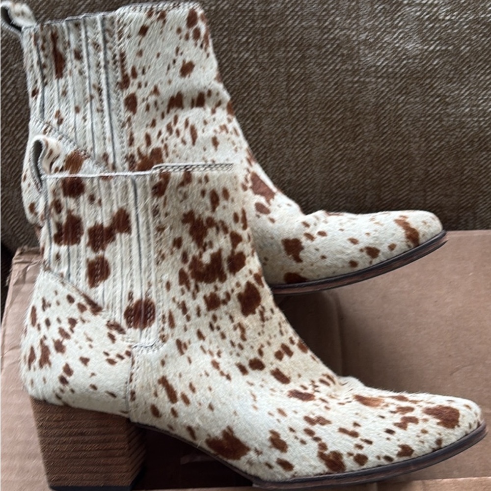 Cowhide Spot Ankle Boots - Brown/White Heeled Booties
